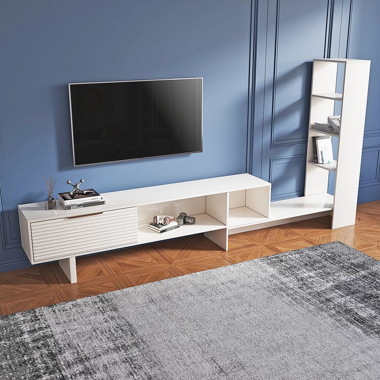 Meuble TV rétractable et extensible blanc moderne, centre de divertissement en bois avec étagères