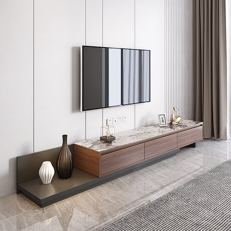 Meuble TV moderne extensible Fero en noyer et bois noir avec dessus en pierre avec tiroirs jusqu'à 3048 mm