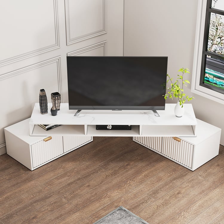 Meuble TV 1440 mm, console multimédia d'angle blanche cannelée avec 2 tiroirs et 5 étagères