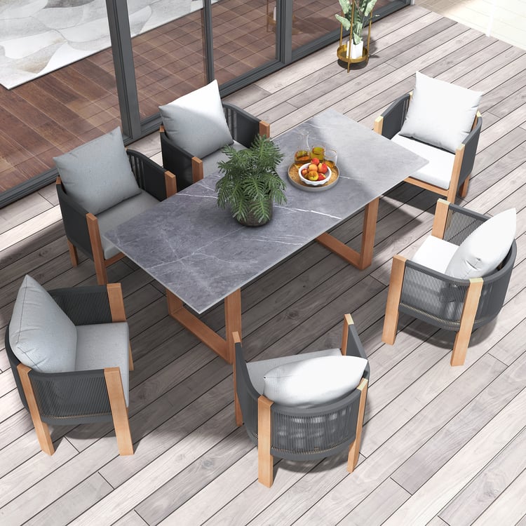 7 Pieces Modern Outdoor Dining Set with Rectangle Table and Woven Rope Chair in Grey