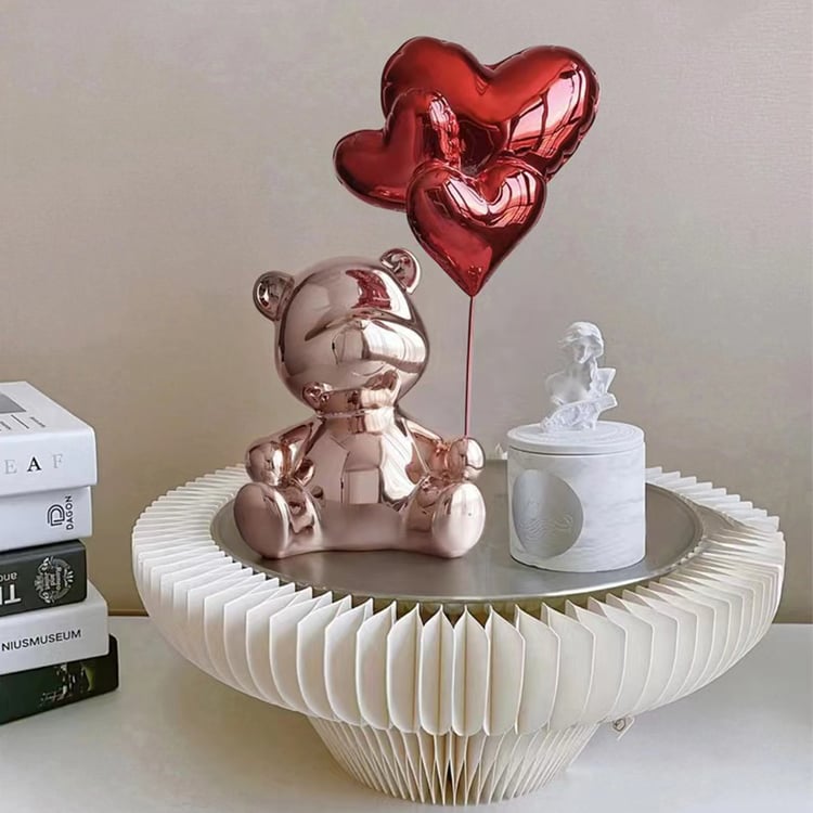 Jolie statue d'ours rose assis de 265 mm, décoration décorative avec ballons en forme de cœur rouge