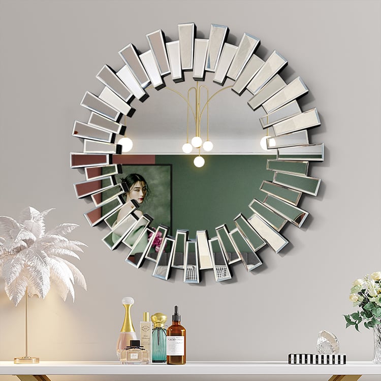 650mm Modern Silver Round Sun Wall Mirror Decor Art with Geometric Frame Living Room