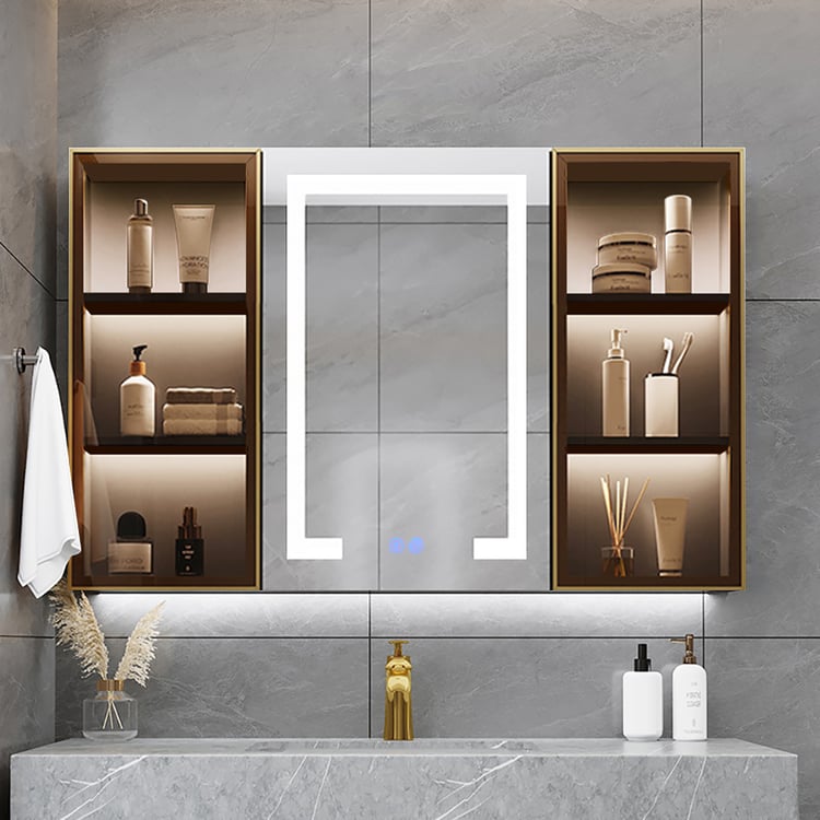 Specchio da toilette da bagno con illuminazione a LED da 40" nero da parete con portaoggetti