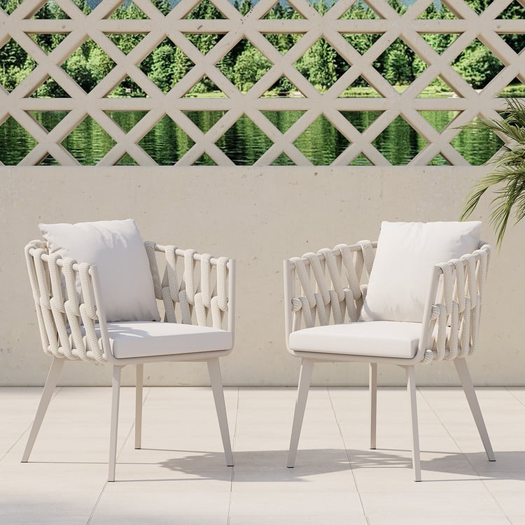 Aluminum & Woven Rope Outdoor Patio Dining Chair Armchair with Cushion Beige (Set of 2)