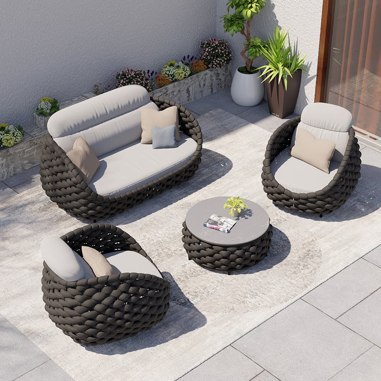 4-piece Cocaro Rope Weave Garden Furniture Set with Coffee Table and Swivel Base, Dark Grey