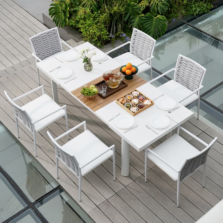 7 PCS Outdoor Patio Dining Set Extendable Aluminum & Wood-Plastic Table & Chairs Set