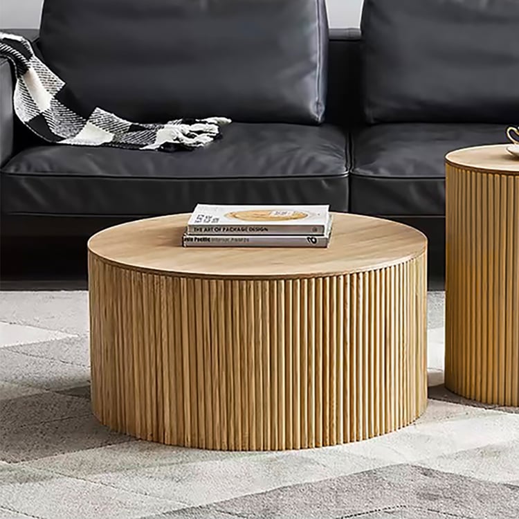 700mm Round Natural Wood Fluted Coffee Table with Storage