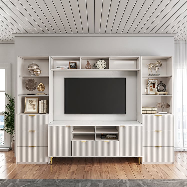 2900mm Fluted Wood Storage 4-Piece Entertainment Center with Bookshelf White TV Stand