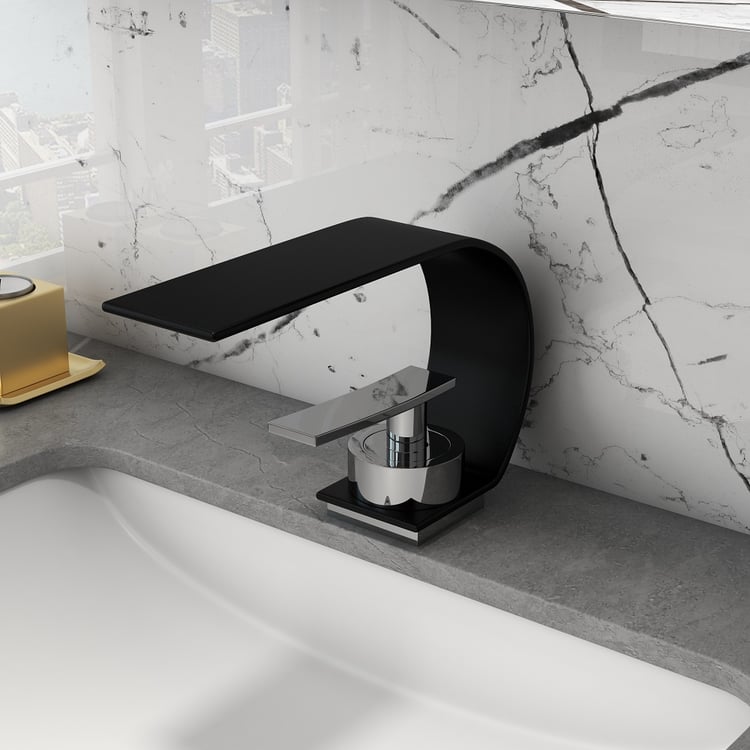 Rubinetto per lavabo ad arco a cascata con maniglia singola in ottone massiccio nero e cromato