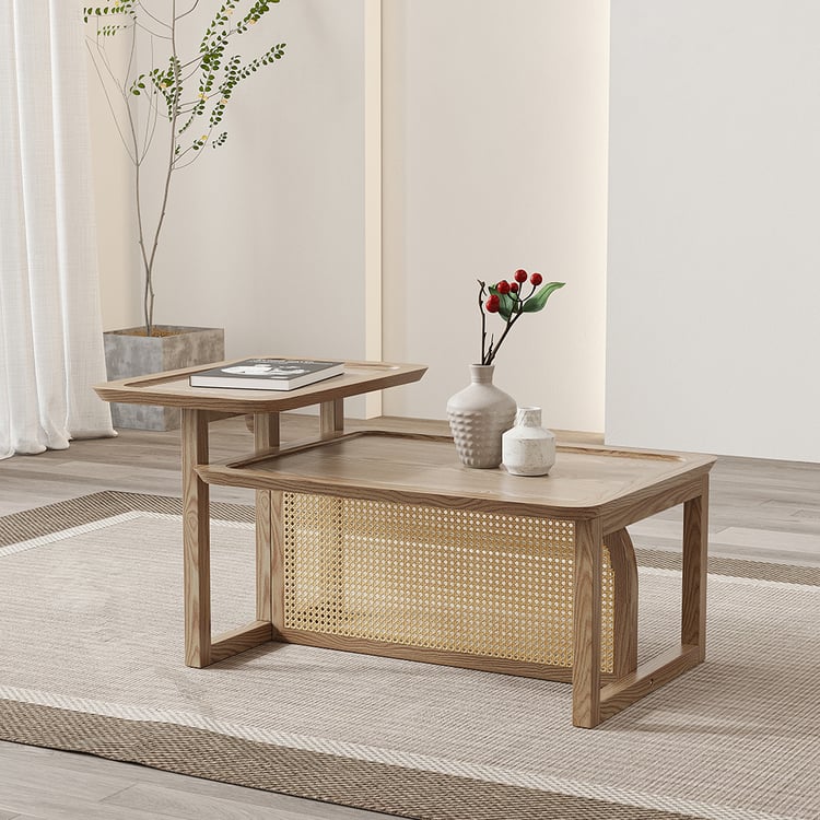 Ensemble de 2 tables basses modernes à emboîter en rotin naturel