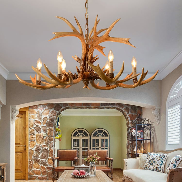 Resin Deer Horn Antler 6-Light Large Rustic Candelabra Ceiling Chandelier