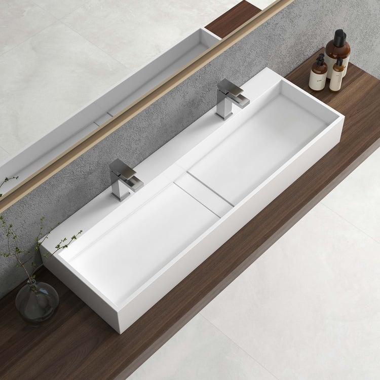 1200mm Wall-Mount Double Basin Stone Resin Glossy White Floating Trough Bathroom Basin