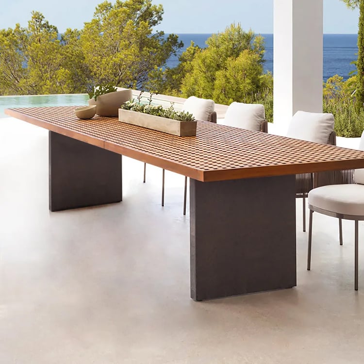 Weatherproof rectangular woven aluminum and teak dining table