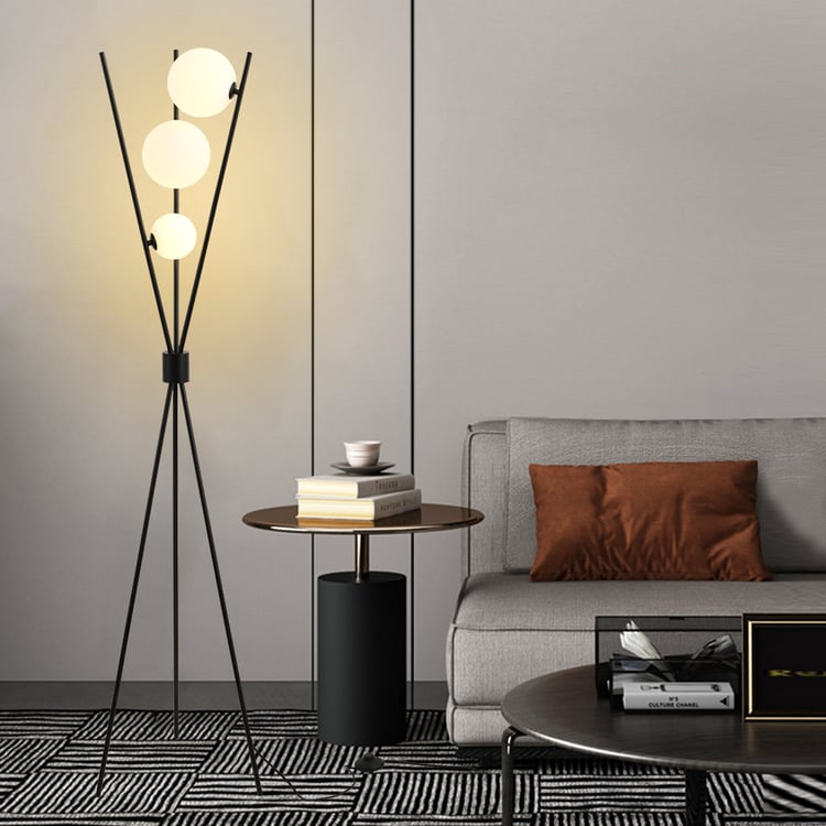 3-Light Black Modern Tripod Floor Lamp Bedroom Bedside Standing Light with Glass Shade