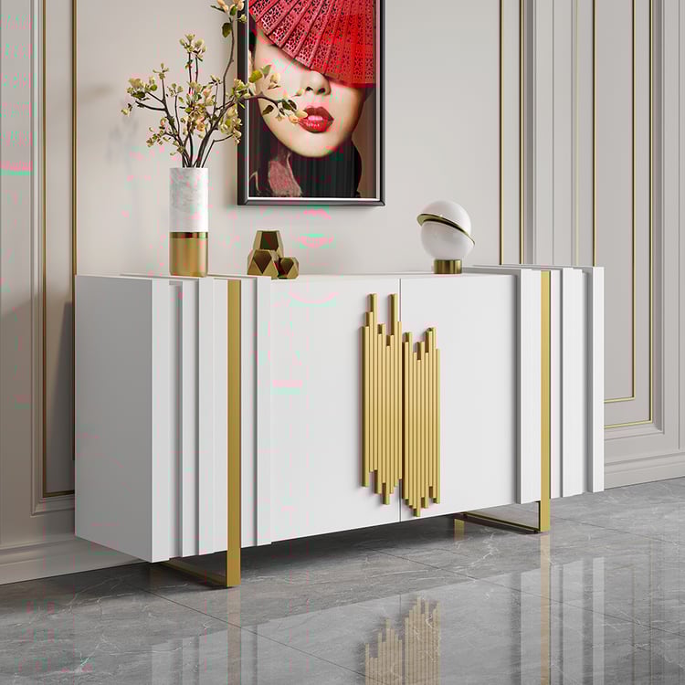 Aurea 63" Light Luxury Sideboard White Rectangular Buffet with 2 Doors 2 Shelves in Gold