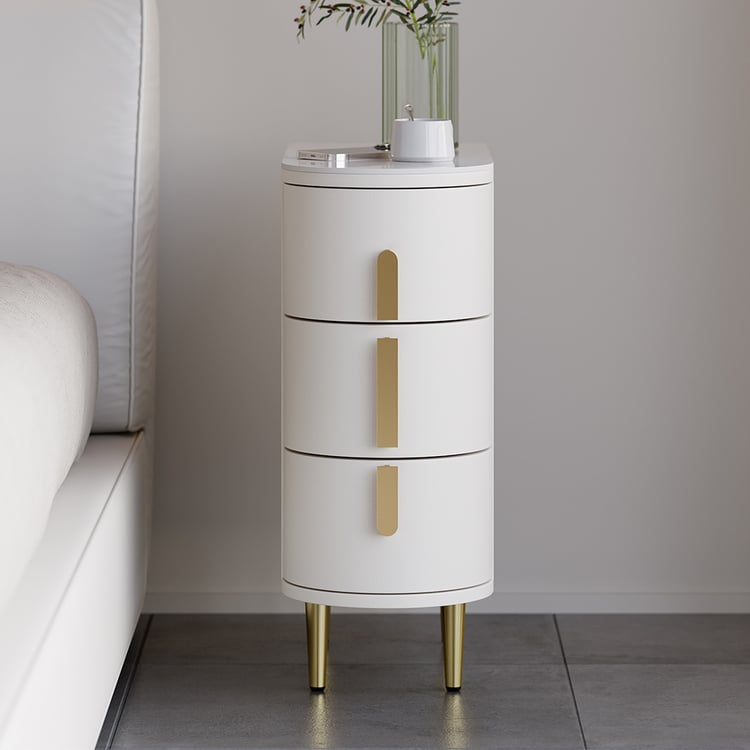 Modern narrow bedside table with 3 drawers and sintered stone top