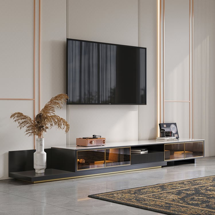 1800-2800mm Meuble TV Extensible Moderne Noir Console Multimédia à Porte Vitrée avec Eclairage LED et Tiroir