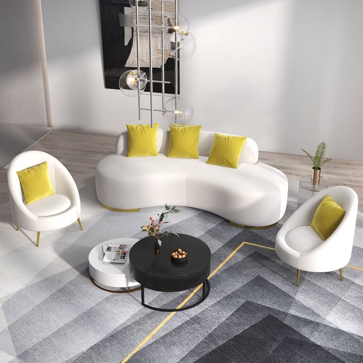 White Velvet Upholstered Curved Sofa Living Room Set of 3 with Pillows Chairs & 3-Seater