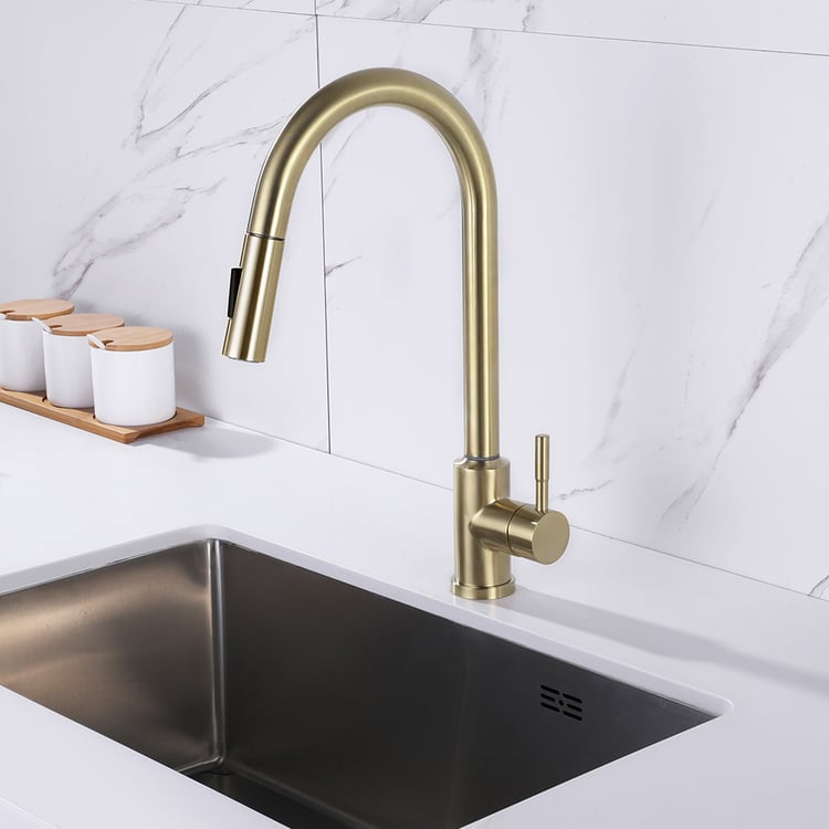 Brushed Gold Touch Kitchen Faucet Stainless Steel Pull Out Spray Single Handle