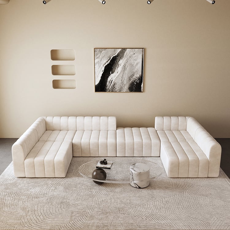 Ensemble de canapé sectionnel modulable en velours blanc cassé de 3022 mm, convertible, rembourré pour 6 places