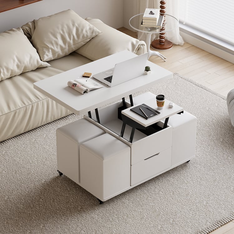 Porta TV allungabile in legno rettangolare e tavolino da caffè bianco con ripiano rialzabile con contenitore