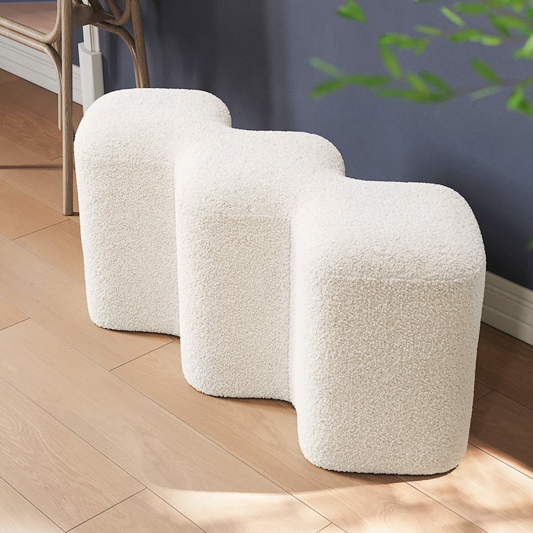 Banc d'entrée blanc moderne rembourré en boucle, pouf Molecule, cadre en bois