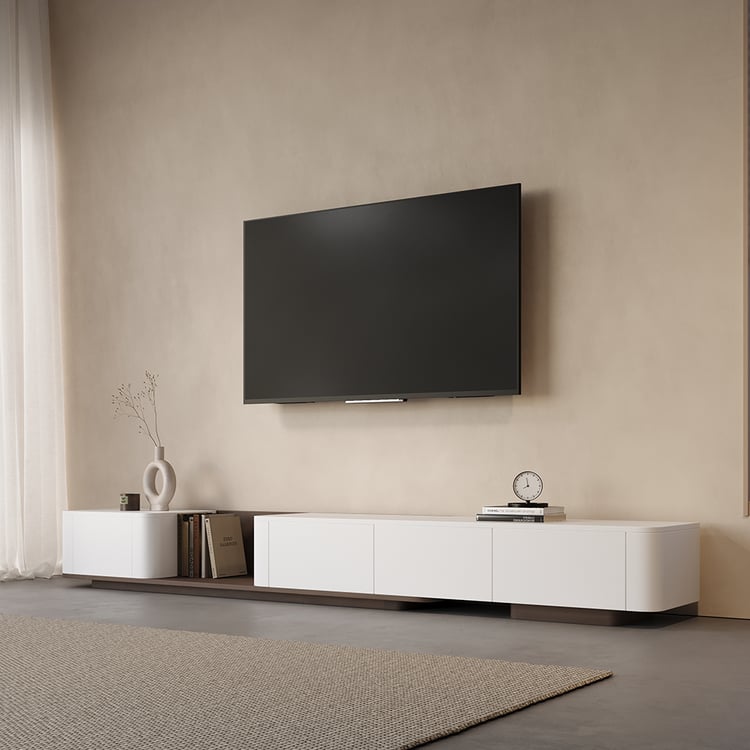 Pull-out TV lowboard made of wood material with 4 drawers in walnut and white, 274 cm