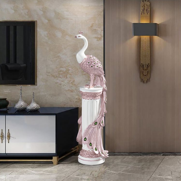 Grande escultura glamourosa com piso de pavão de 27,6", decoração, arte, sala de estar, quarto em branco e rosa