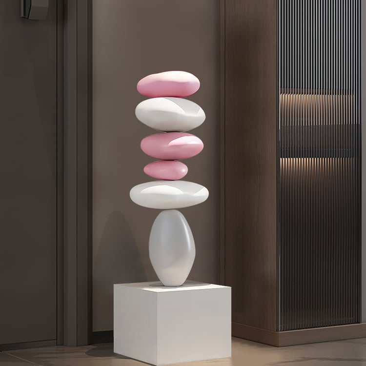 30.7" Abstract Geometric Fiberglass & MDF Stacked Stone Floor Sculpture Light Decor Art