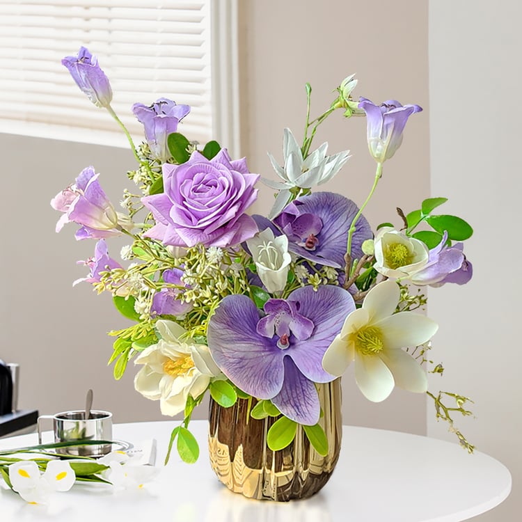 Purple Artificial Flower Arrangement in Gold Vase Fake Flower Dining Table Centerpiece 