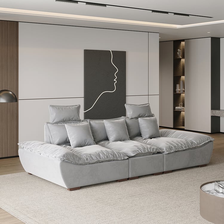 Canapé Profond 3 Places Moderne en Leath-Aire Gris 2780mm avec Dossier Réglable