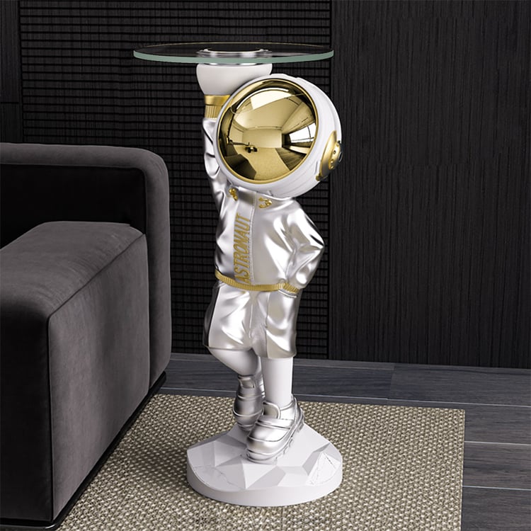 600 mm zilveren astronautenvloerbeeld, sculptuur, decor, kunstbijzettafel met draadloze oplader