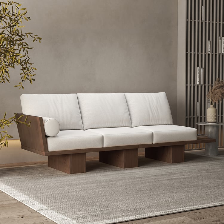 97" Walnut Japandi Solid Wood Living Room Sofa 3-Seater Cotton & Linen Upholstery