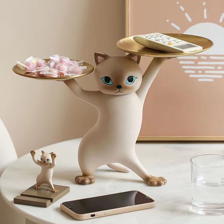 Figurine de Chat Moderne en Résine avec Plateau de Rangement Doré