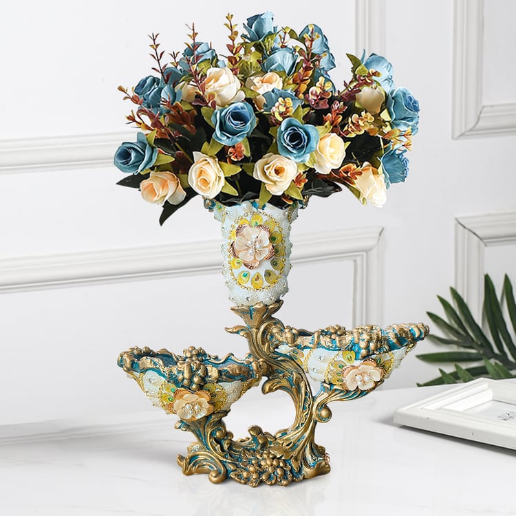 Blue & White 2 Tiered Fruit Basket Plate with Vase Resin Decor Snack Tray