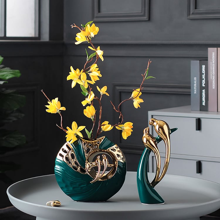 2 peças de arranjo de flores artificiais amarelas modernas em vaso de cerâmica verde Magpie, decoração de casa