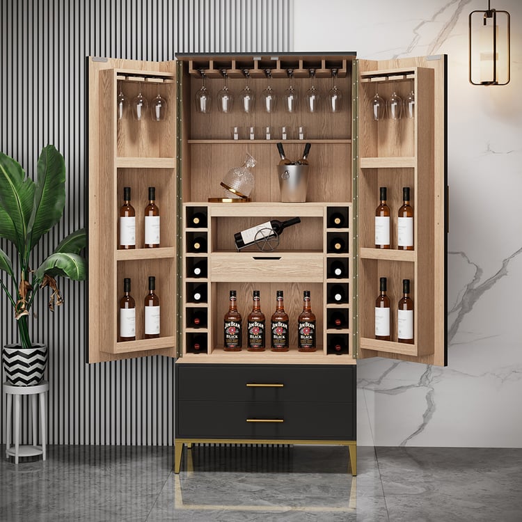 Black Bar Cabinet with Door Modern Storage Home Bar Cabinet with Glass Rack&Drawers