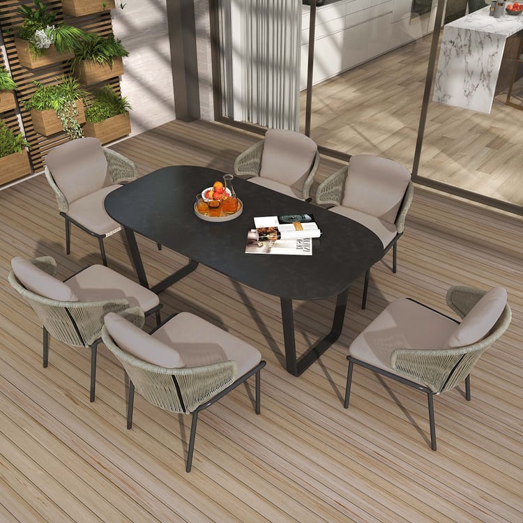 7-Pieces Woven Rattan Outdoor Patio Dining Set with Oval Table and 6 Armchairs