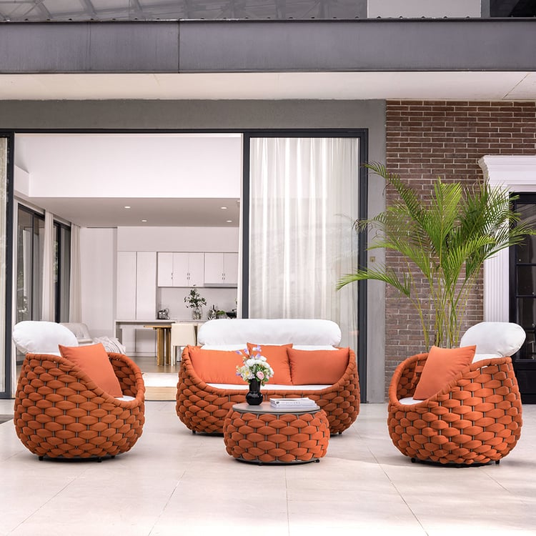 Conjunto de sofá externo de corda tecida Tatta para 4 pessoas com mesa de café com tampo de mármore sintético