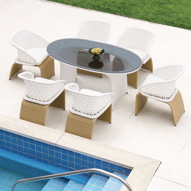 6místná oválná zahradní jídelní souprava odolná proti povětrnostním vlivům v šedé barvě z hliníku, ratanu a skla