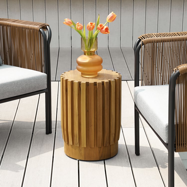 2 Pieces Rustic Round & Rectangle Teak Wood Outdoor Coffee Table Set in Natural