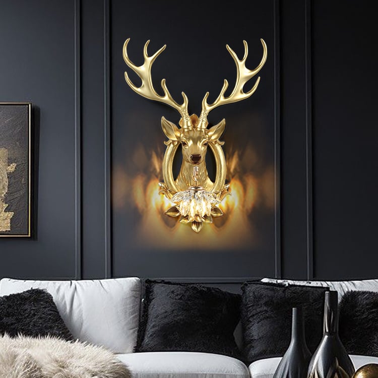 Arandela de parede Europen Retro Gold Deer Resin Luminária de montagem em parede interna de 1 luz