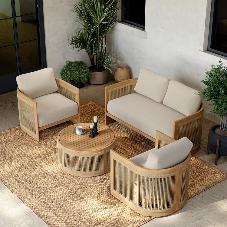 Set di divani da esterno in corda intrecciata a mano in teak beige 4 pezzi