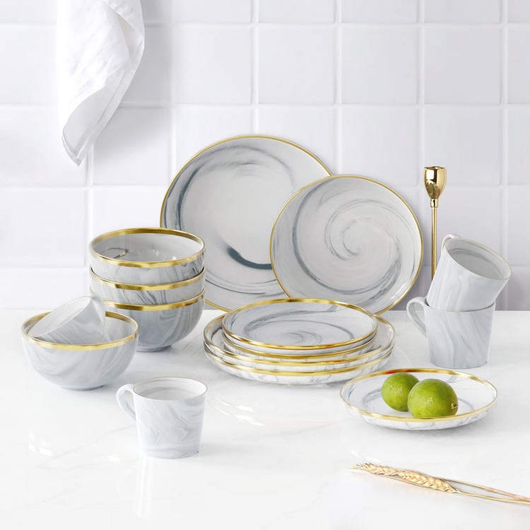 Modern Dinnerware with Mugs 16-Piece White&Gray Ceramic Dinnerware Gold Rim