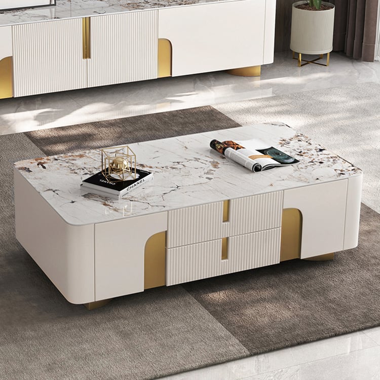 Table basse rectangulaire moderne Artus avec tiroirs en grès fritté beige