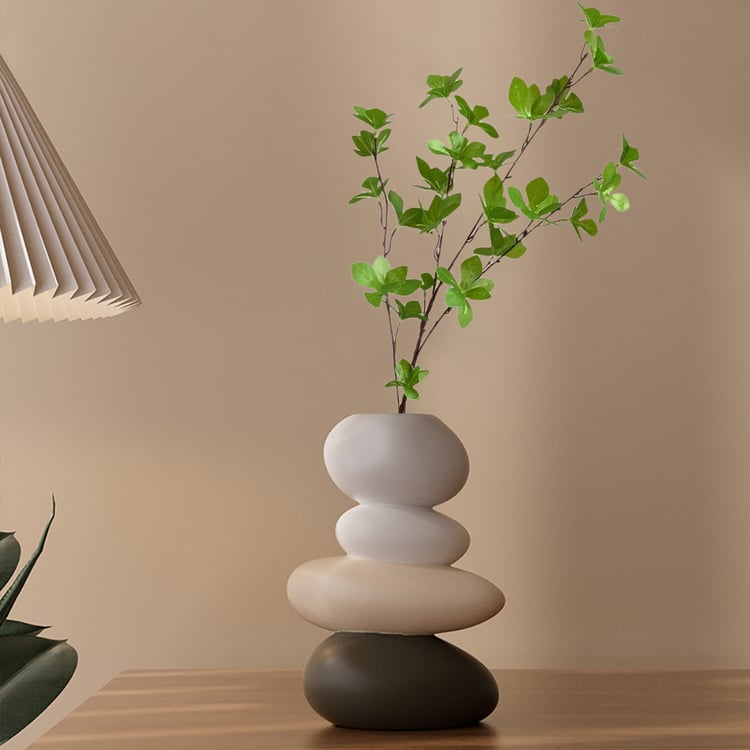 Resin Stacked Stone Vase with Faux Indoor Plant Decor Art