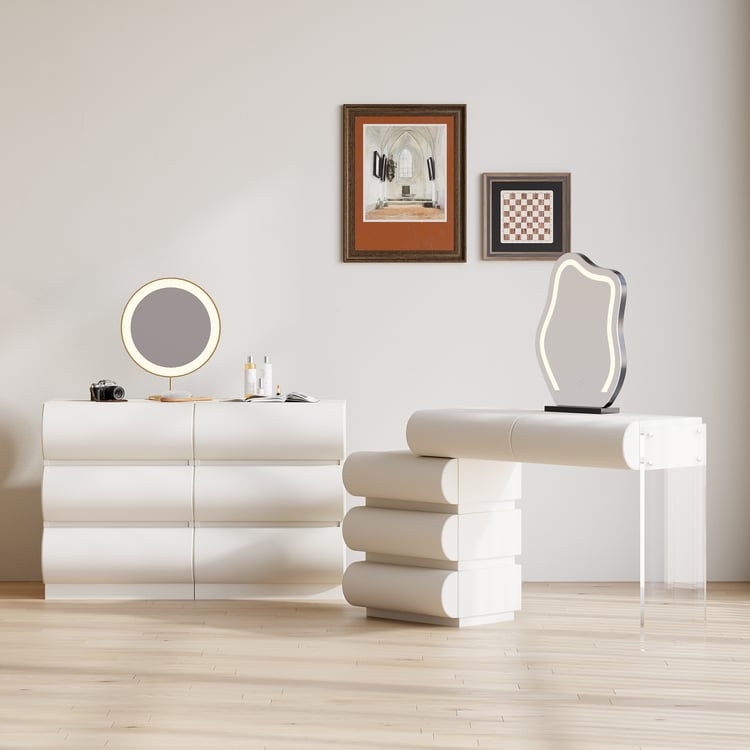 Commode à 6 tiroirs et Ensemble table de maquillage Humply en cuir blanc