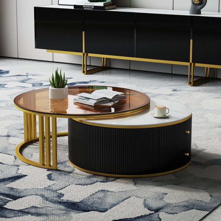Grovyn Modern Round Nesting Coffee Table in Black Made of Sintered Stone & Glass