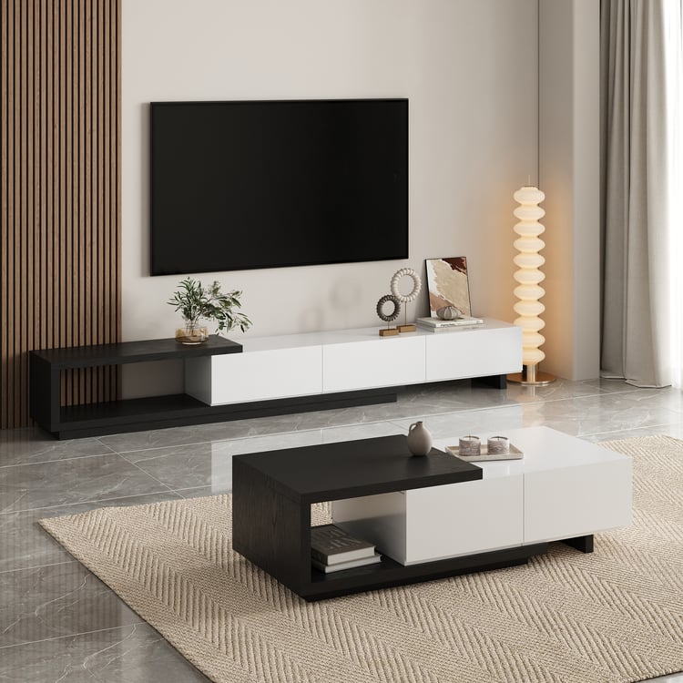Set TV estraibile minimalista Quoint con credenza e tavolino da caffè