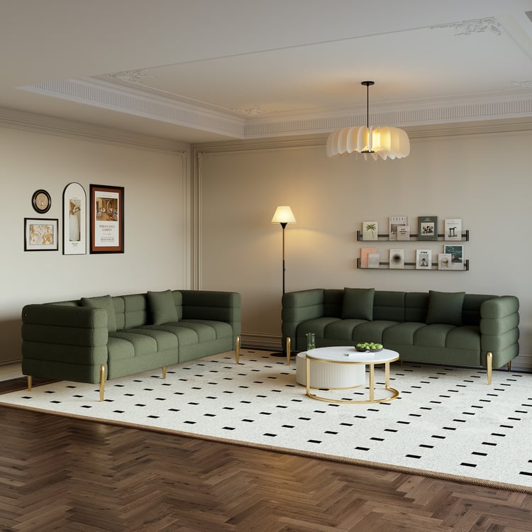 Aurora Boucle, geriffeltes Sofa, 2010 mm, goldfarbene Beine und Kissen, 2er-Set